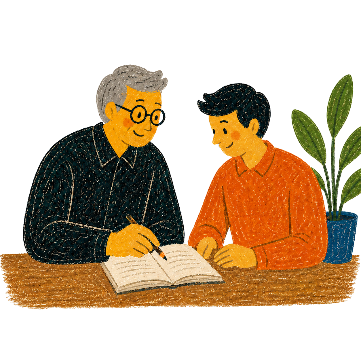 前輩向年輕團隊成員分享經驗。